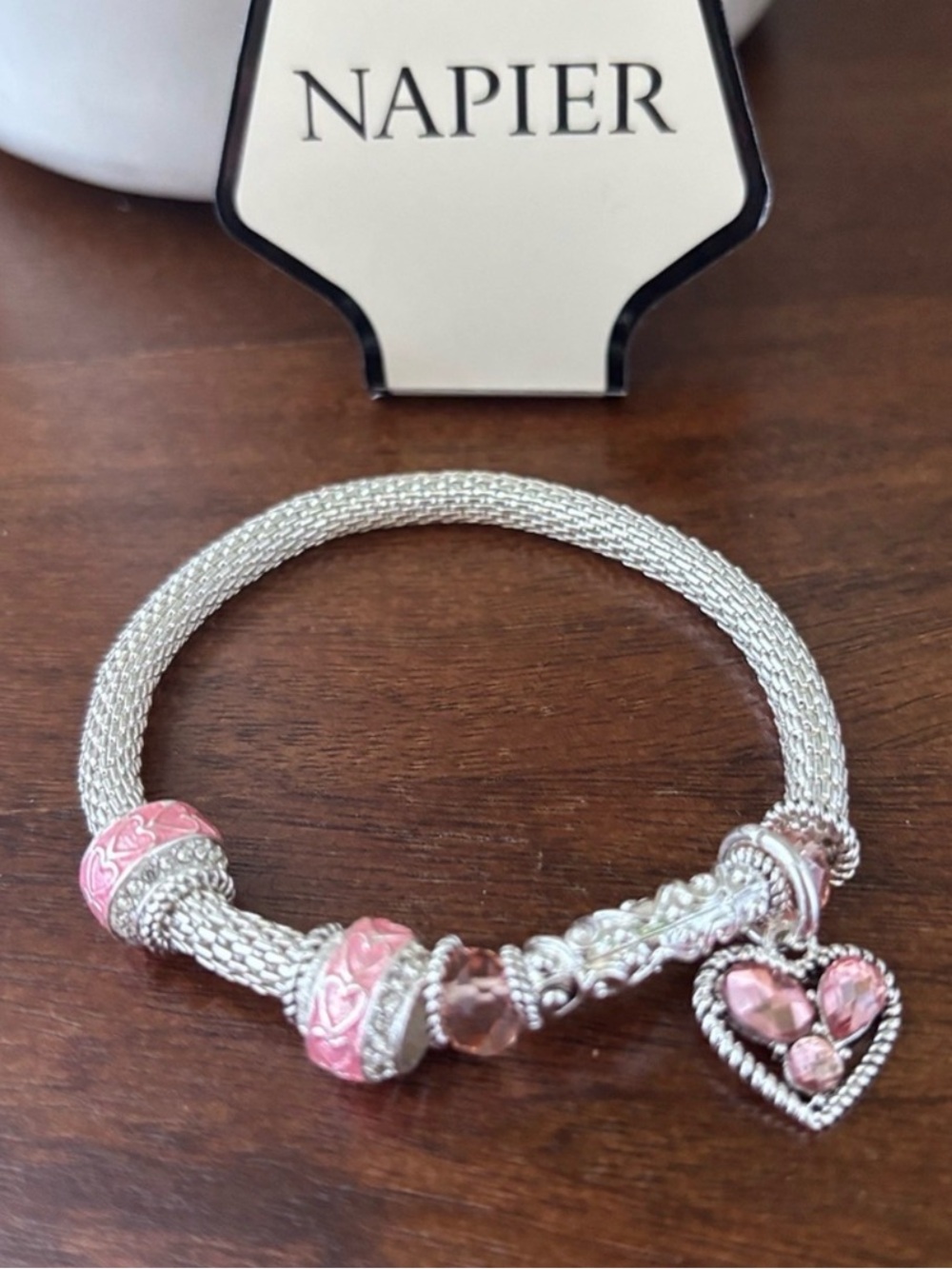 Napier Silvertone Mesh Band Stretch,heart charm with pink acrylic stones